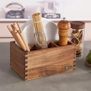 Amazon.com - SANOSY Acacia Wood Utensil Holder, Paper Plate Dispenser Organizer for Countertop - 4 Compartment Silverware Caddy for Friendsgiving Party - Cutlery Holder for Cup, Fork, Spoon, Kitchen, Camping