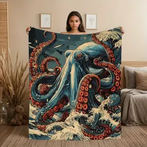 1pc Oceanic Octopus Waves Flannel Throw Blanket - Soft Cozy Polyester All-Season Bedspread with Digital Print, Deep & Red Tentacle Design