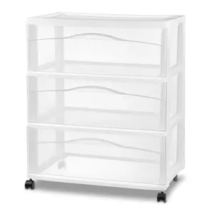 Sterilite Wide 3 Drawer Storage Cart, Plastic Rolling Organizer, White Frame Sterilite Wide 3 Drawer Storage Cart, Plastic Rolling Organizer, White Frame