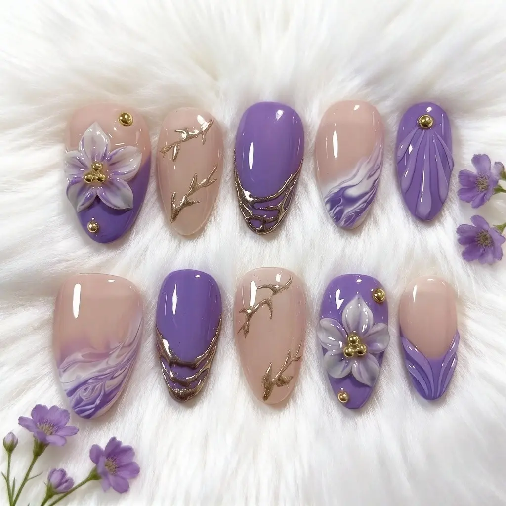 10Pcs Handmade Press on Nails Springtime Summer Nails Handmade Lavender Silver Flower Fake Nails, French Tip Acrylic Nails Easy to Wear for Parties, Daily, Dancing Wedding Bridal Nails | Nail Kit, Nail Art, Nail Set | Nail Kit Nail Art Nail tool