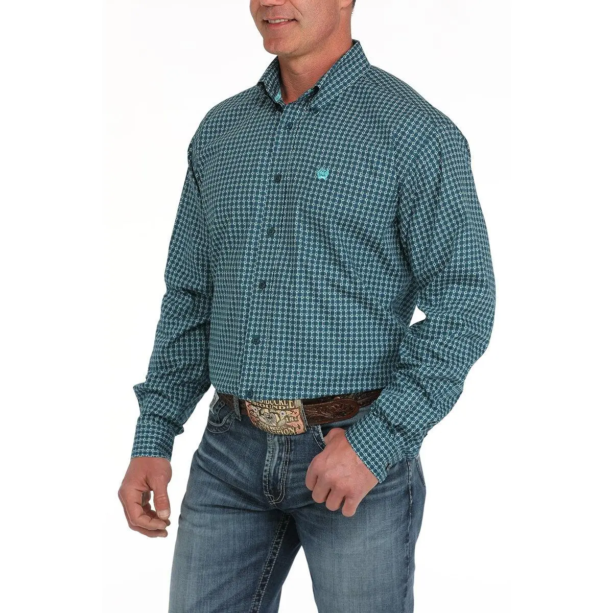 Cinch Men’s Traditional Classic Fit Cotton Cowboy Button-Up Long Sleeve Shirt - Collared Neck, Blue Geometric Print, Embroidered Pocket, Business Office Wear, Breathable Durable Fabric, Pairable with Jeans/Khakis, Plain Option (MTW1105898), Western Style
