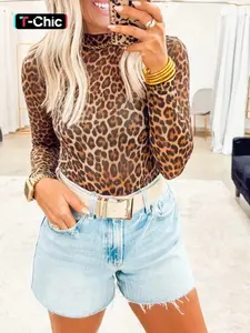 Hotapei Winter Knitted Leopard Print Fitted High Neck Long Sleeve Pullover, Casual Daily Wear, Women's Fashion Sweater, Tops, Womenswear