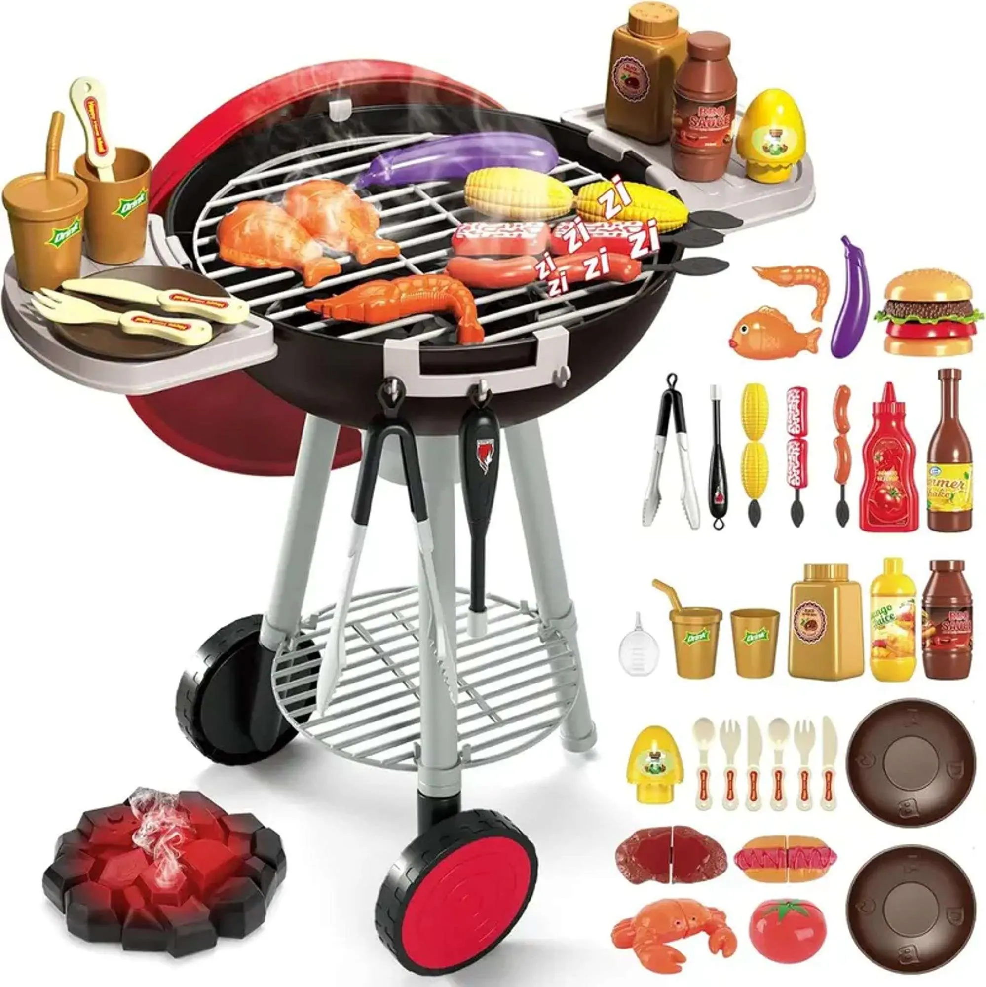 Kids Pretend Play Outdoor BBQ Grill Playset with Smoke, Light Charcoal Fire, Lighter, Water Bottle, Shrimp, Tongs & 3 Utensils - Cooking Toy Gift for Kids