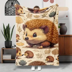 1pc Adorable Hedgehog Flannel Throw Blanket - Soft, Warm & Cozy for Sofa, Bed, Office - All-Season Comfort, Hypoallergenic, Machine Washable - Charming Cartoon Design with Autumn Leaves, Perfect Gift for Holidays, Cute Blanket-280GSM