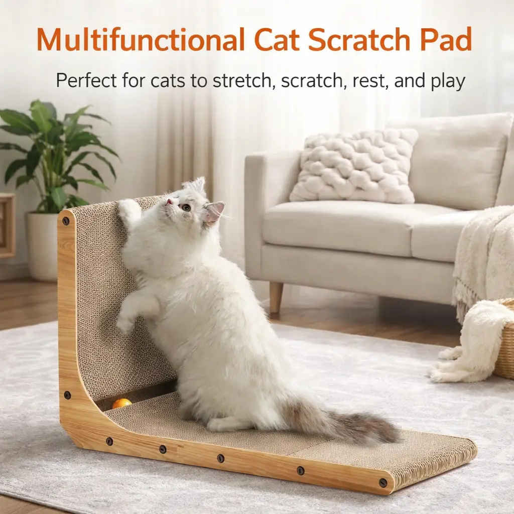 L-Shaped Cat Scratcher Board | Extra Large 26.7" Standing Sisal Scratching Post | Solid Wood Frame | Couch Protector | Perfect for Large Cats & Kittens