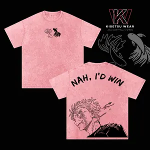Gojo Satoru Vintage Washed Oversized T-Shirt – Jujutsu Kaisen: Execution Anime Graphic Tee, “Nah I’d Win” Manga Panel Shirt, Streetwear Casual Soft Cotton Apparel, Unisex Top, Gift for JJK Fans