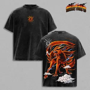 Nine Tails Fox T-Shirt – Oversized Vintage Washed Inspired Tee, Kurama Anime Graphic Shirt, Acid Wash Heavy Cotton Unisex Streetwear, Casual Anime Graphic Tee, Gift for Anime Fans