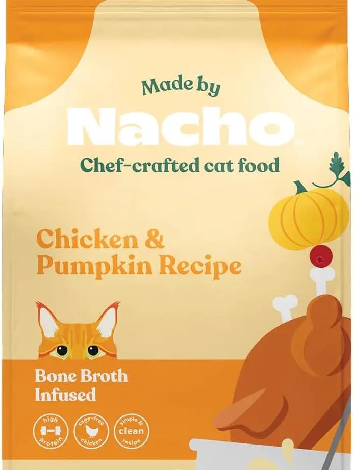 Made by Nacho Dry Cat Kibble 4lb Bag, High Protein and Grain-Friendly Premium Cat Food, Cage-Free Chicken & Pumpkin Recipe, Infused with Bone Broth for Hydration, Limited Ingredients, Single Bag