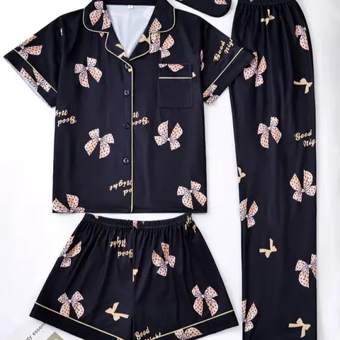 Women's Bow Print Knit Fitted Matching Pajama Set, Comfortable Sleepwear for All Seasons, Shirt & Shorts & Pants, Home Wear, Casual Nightwear, Loungewear, Feminine Pjs