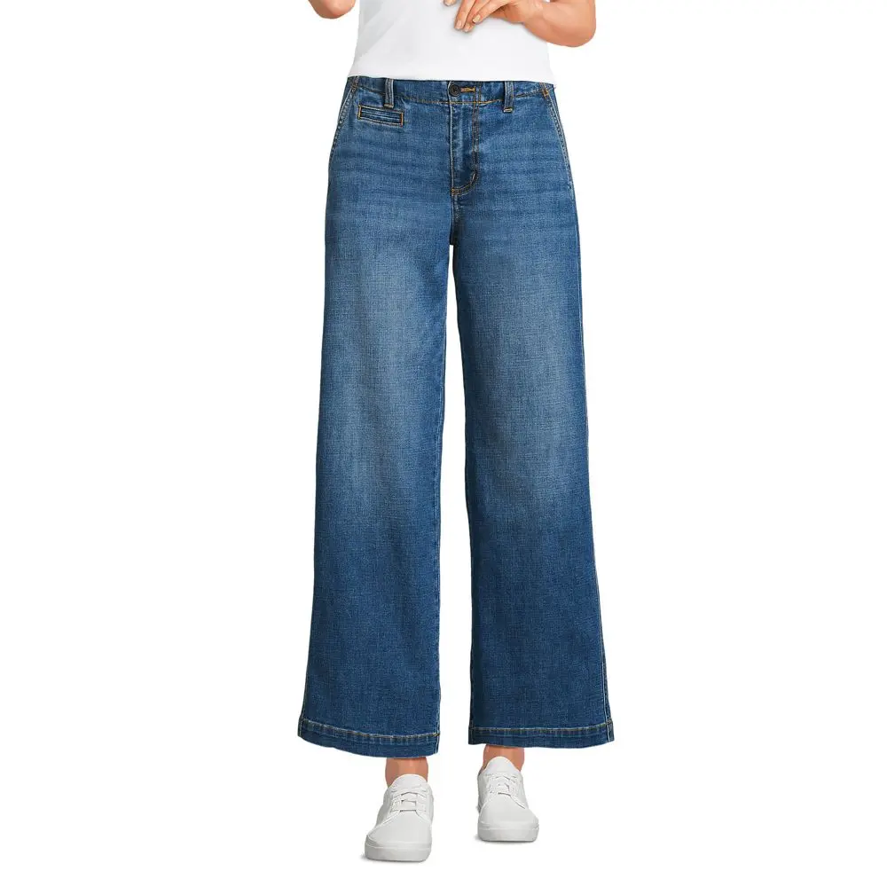 Lands' End Women's Mid-Rise Denim Wide-Leg Ankle Jeans with Belt, Zipper, Button Closure, Garment-Wash Finish, Slip-Resistant Design, Indigo Tide, Trouser