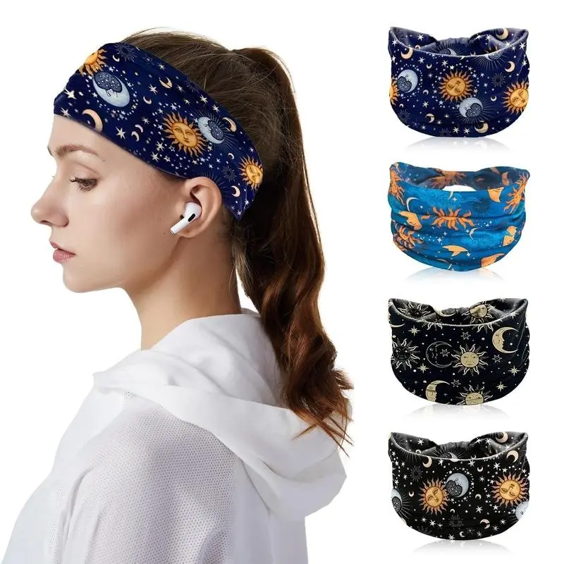 4-Pack Boho Fashion Headbands, Wide Unisex Elastic Polyester Hair Bands with Star & Moon Prints for Yoga & Workout, Headband Accessory, Elastic Fashion Headbands