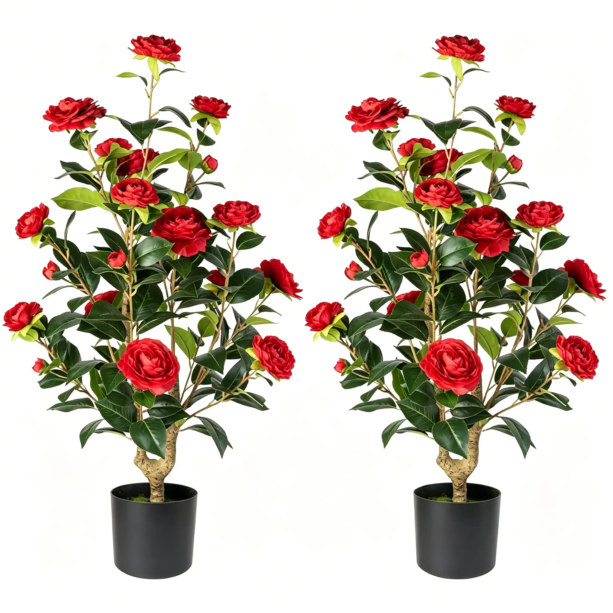 3FT Artificial Camellia Tree 2-Pack, Red Realistic Faux Camellia Flower Shrubs with Black Planter, UV & Weather Resistant Non-Fading Fake Flower Plants, Indoor Outdoor Decor for Patio Garden Bedroom Wedding, Ideal Housewarming Gift