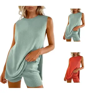 Women Summer Sleeveless Sweater Sets Knit 2 Piece Outfits Tunic Tank Top Matching Shorts Vacation Beach Sets