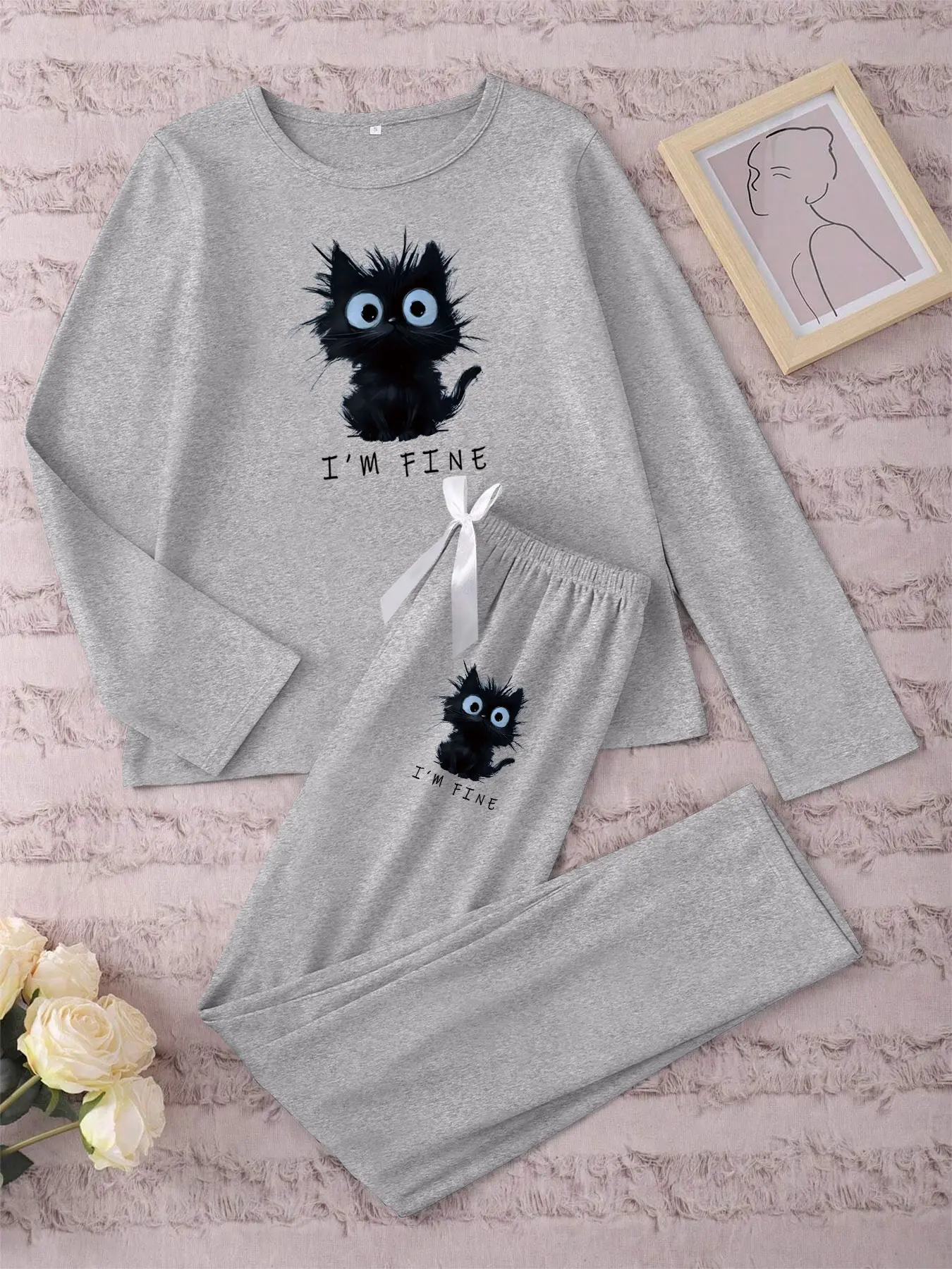 Women's Long Sleeve Pajama Set, Soft Knit Pajama, Matching Pj Set, Matching Pajamas Set, Pyjamas, Cartoon Cat Print Animal Sleepwear, Fitted Casual Nightwear for Spring & Fall, Comfortable Home Wear, Loungewear, Cartoon Pattern Pajamas