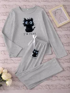 Women's Long Sleeve Pajama Set, Cartoon Cat Print Sleepwear, Fitted Casual Nightwear for Spring & Fall, Comfortable Home Wear