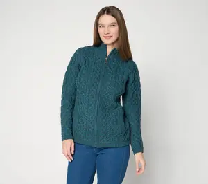Aran Crafts Merino Wool Zip Front Sweater Cardigan