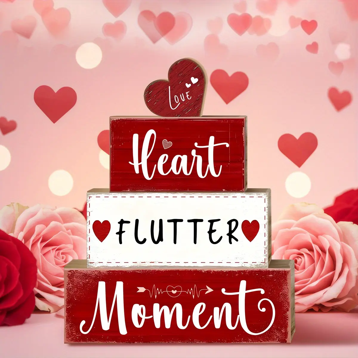 4 Pcs Valentine Table Decor Wooden Red Love Decoration, Valentine's Day Valentine Flutter Moment Centerpiece, Sweet home Tiered Tray Decor Red Heart Block Signs Gift for Farmhouse Home Kitchen, valentine's display set, Desktop Ornaments