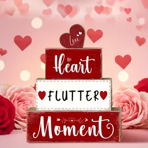 4 Pcs Valentine Table Decor Wooden Red Love Decoration, Valentine's Day Valentine Flutter Moment Centerpiece, Sweet home Tiered Tray Decor Red Heart Block Signs Gift for Farmhouse Home Kitchen, valentine's display set, Desktop Ornaments