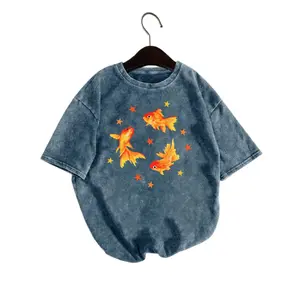 Goldfish print T-shirt. Vintage-style washed short-sleeve T-shirt. High-quality one-piece, suitable for spring and summer. Perfect for everyday fashion. An excellent gift for women