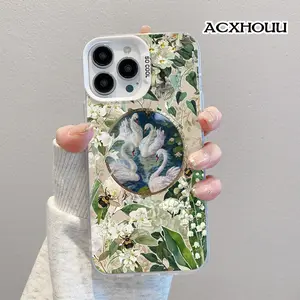 Phone Case for iPhone 17 16 E Pro Max 15 Plus 14 13 12 11 XS XR Swans & Blooms Aesthetic Coquette Style Shockproof Anti-Slip Scratch Resistant Case
