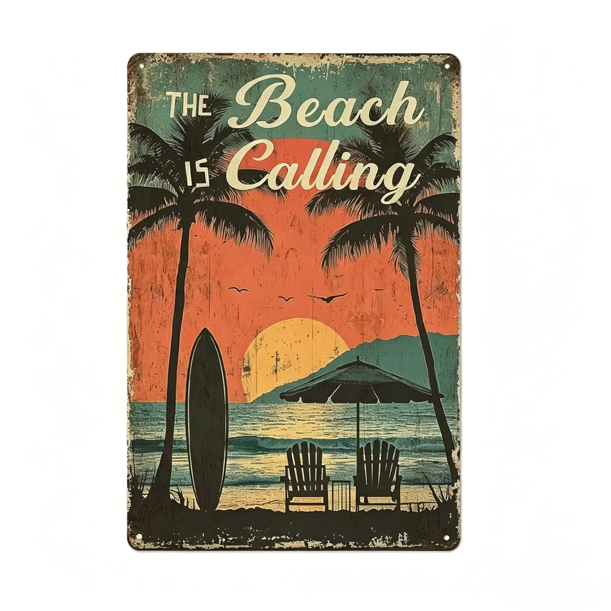 Vintage "The Beach Is Calling" Sunset Metal Tin Sign, Retro Surf & Palm Tree Wall Art, Perfect Coastal & Tiki Bar Decor 12*8inch Metal Tin Sign Metal Wall Art Tin Wall Decor Vintage Metal Sign Retro Tin Plaque