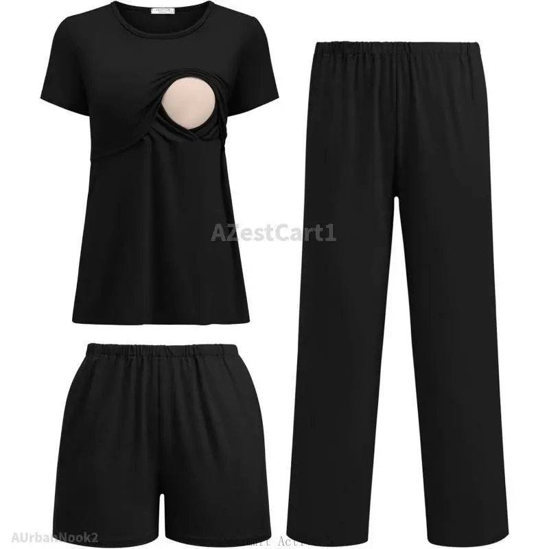 3 Piece Postpartum Nursing Pajamas Set Short Sleeve Breastfeeding Shirts Pregnancy Shorts & Pants Maternity PjsAZestCart1AUrbanNook2ABSummit Active