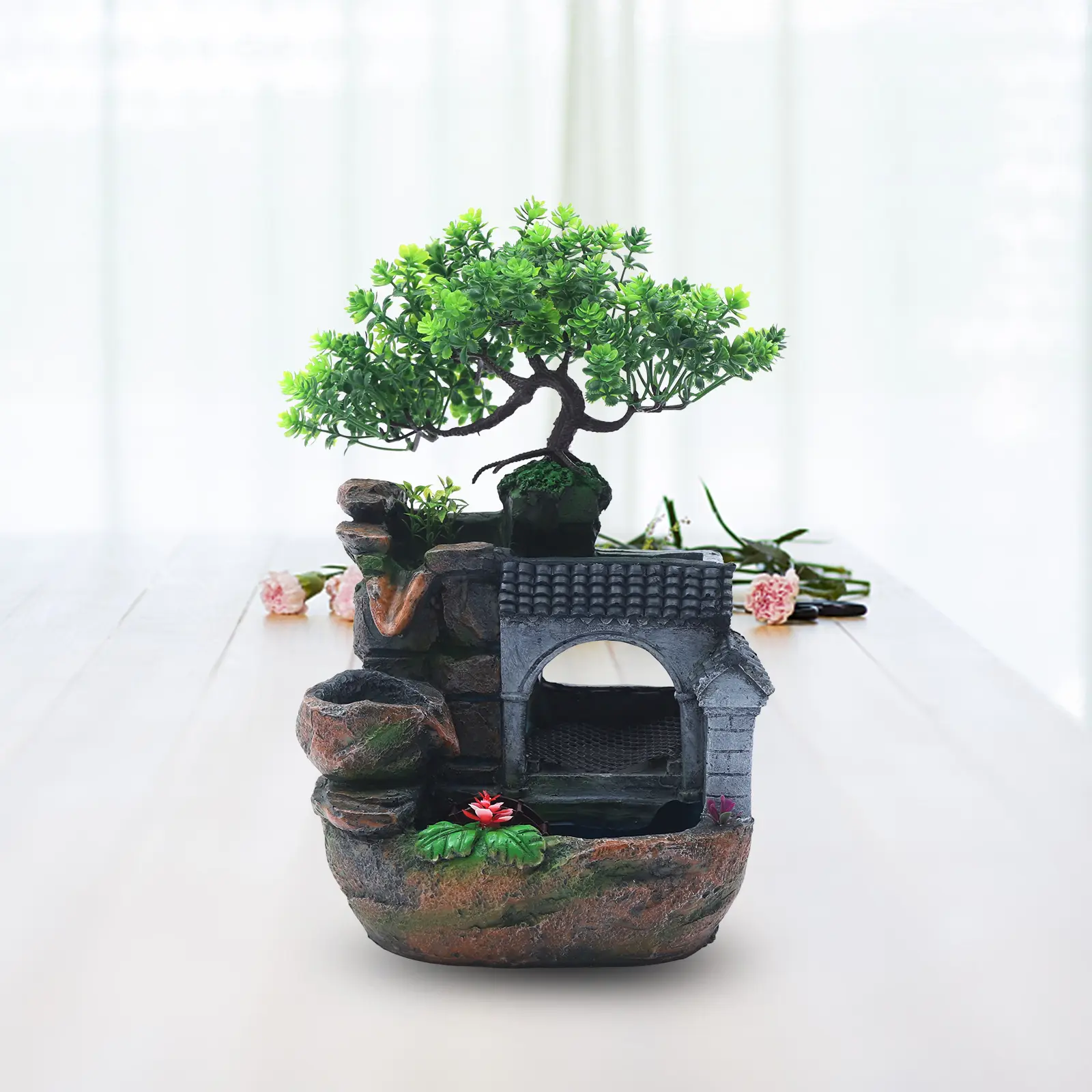 Compact Carved Nature Mini Rockery Fountain Waterfall - Feng Shui Lighted Synthetic Desktop Ornament, Garden Decor for Home Office Stress Relief