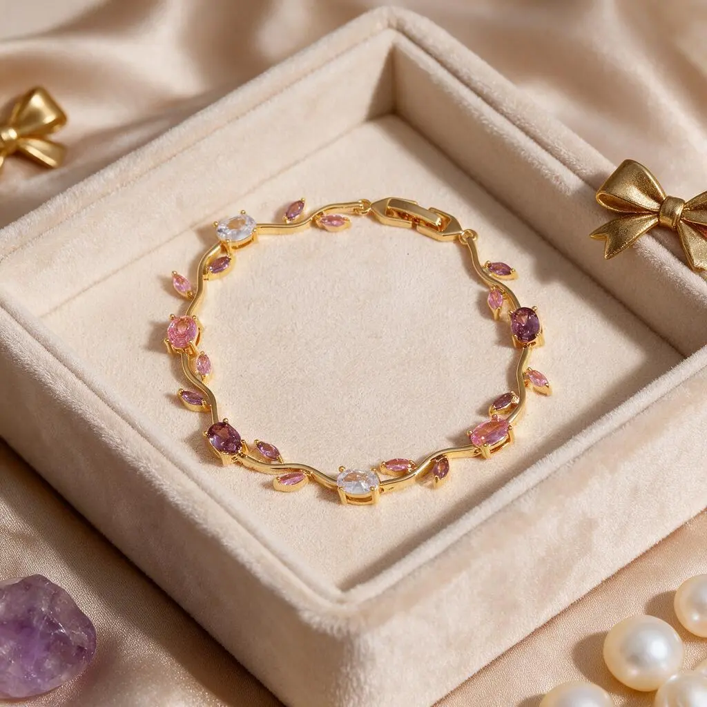 7.3 Inch 16k Gold Plated Tulip Bracelet | Leaf & Petal Design with Colorful Zircon | Adjustable with 1.2 Inch Detachable Extender for Women | Vintage Jewelry