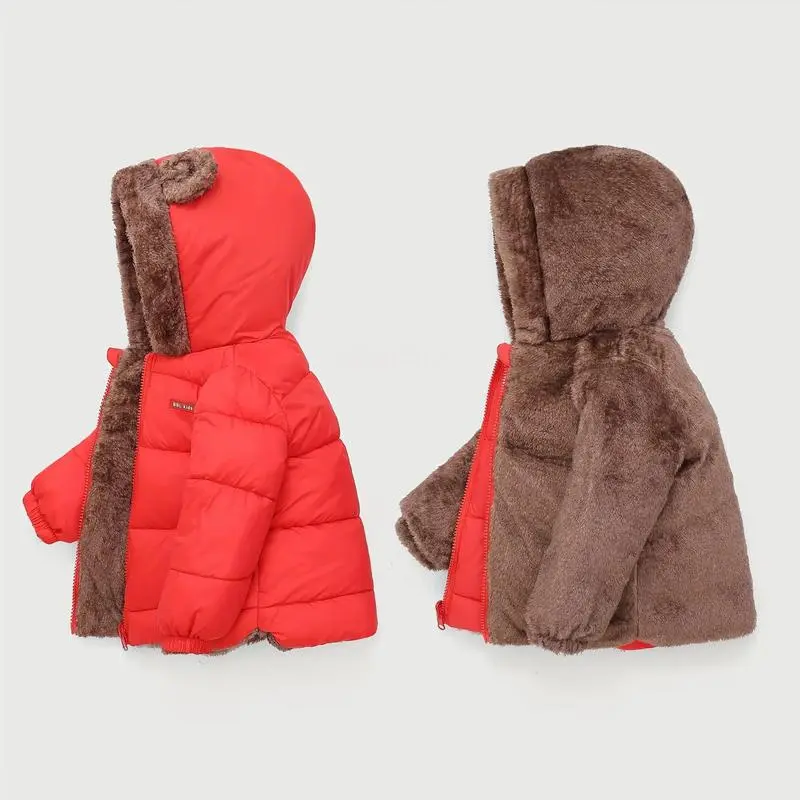 Toddler Boys Plain Polyester Puffer Jacket for 1-8 Years, Warm Thick Hooded Zip-up Winter Coat, Long Sleeve Casual Outerwear, Minimalist
