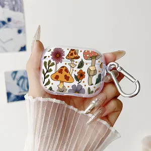Mushroom - Flower Reverie Pattern Protective Case for AirPods 4/3/2/1/Pro/Pro2 Soft TPU Earphone Cover, Transparent with Keychain