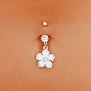Hawaiian Flower Belly Ring - Surgical Steel, 14 Gauge, Hypoallergenic, 10mm Bar Length,