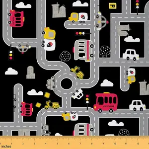 Cartoon City Map Fabric by The Yard,1 Yard,Car Race Track Print Waterproof Fabric,Rural Map Black Upholstery Fabric,Car Themed Reupholstery Fabric