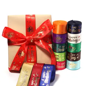 5yards/roll Happy Birthday Printed Polyester Ribbon 25mm Wrapping Ribbons For Birthday Party Cake Gift Packaging Decoration