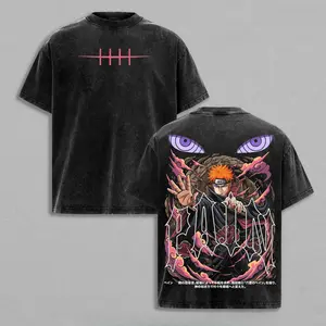 P.A.I.N Nagato Orange Hair Rinne Eye God Ninja Six Paths Leader Anime Vintage Washed Oversized Graphic Tee Akatsuki Rinnegan God Power Shinobi Streetwear Shirt Japanese Anime Manga Washed Heavyweight Cotton T-Shirt Unisex Casual Tee for Anime Fans