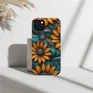 Western Tooled Leather Style Sunflower Phone Case | Turquoise Floral Art Protective Cover for IP Phone 16, 15, 14, 13, 12, 11 Pro Max, Plus, X, XR, XS, 8, 7