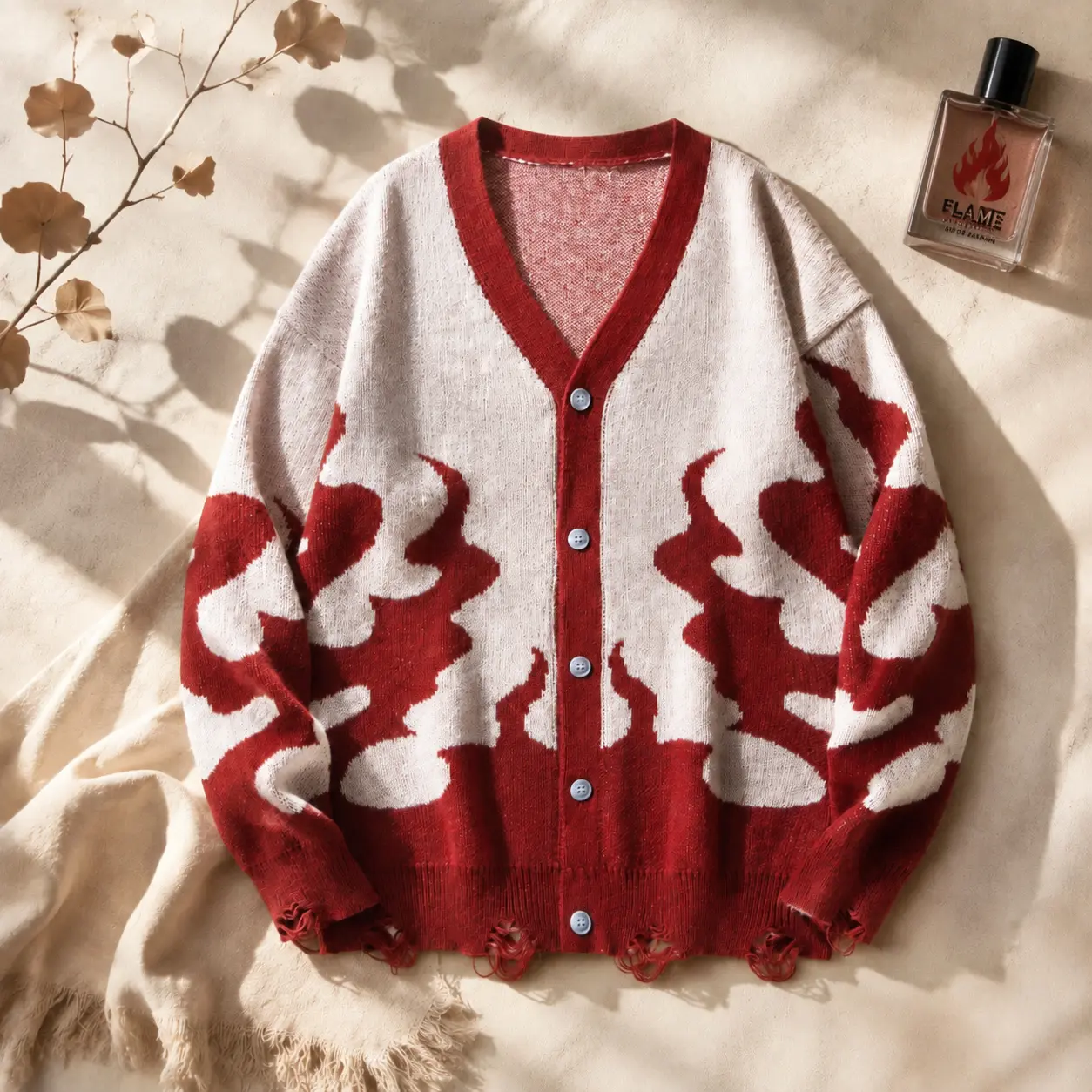 Men's Knit Cardigan with Fire Pattern, Preppy V-Neck Streetwear with Buttons, Long Sleeve for Unisex Casual Party, Knitting, Sweater, Cute, New Year, Retro