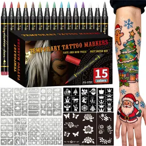 Temporary Tattoo Markers for Skin, 10/15-Count Body Markers 10/15Colors Tattoo Pens,Flexible Brush Tip, Bright colors, Face Paint Kit Cosmetic Quality,Christmas gifts