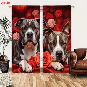 2D Flat Gray White Pitbull Dogs Red Satin Roses 2 Piece Curtain Set Romantic Red Theme Window Drapes with Pink Floral Backdrop, Light Filtering Living Room Bedroom Curtains for Cozy Home Decor