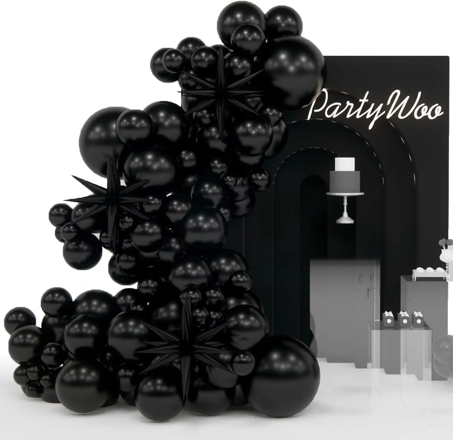 PartyWoo Black Star Balloons 110pcs Different Sizes 18 12 10 5 Inch Pack 22 Inch Black Spike Star Explosion Foil Mylar Balloon Arch Kit for Birthday Engagement Party Decorations Black-Y18