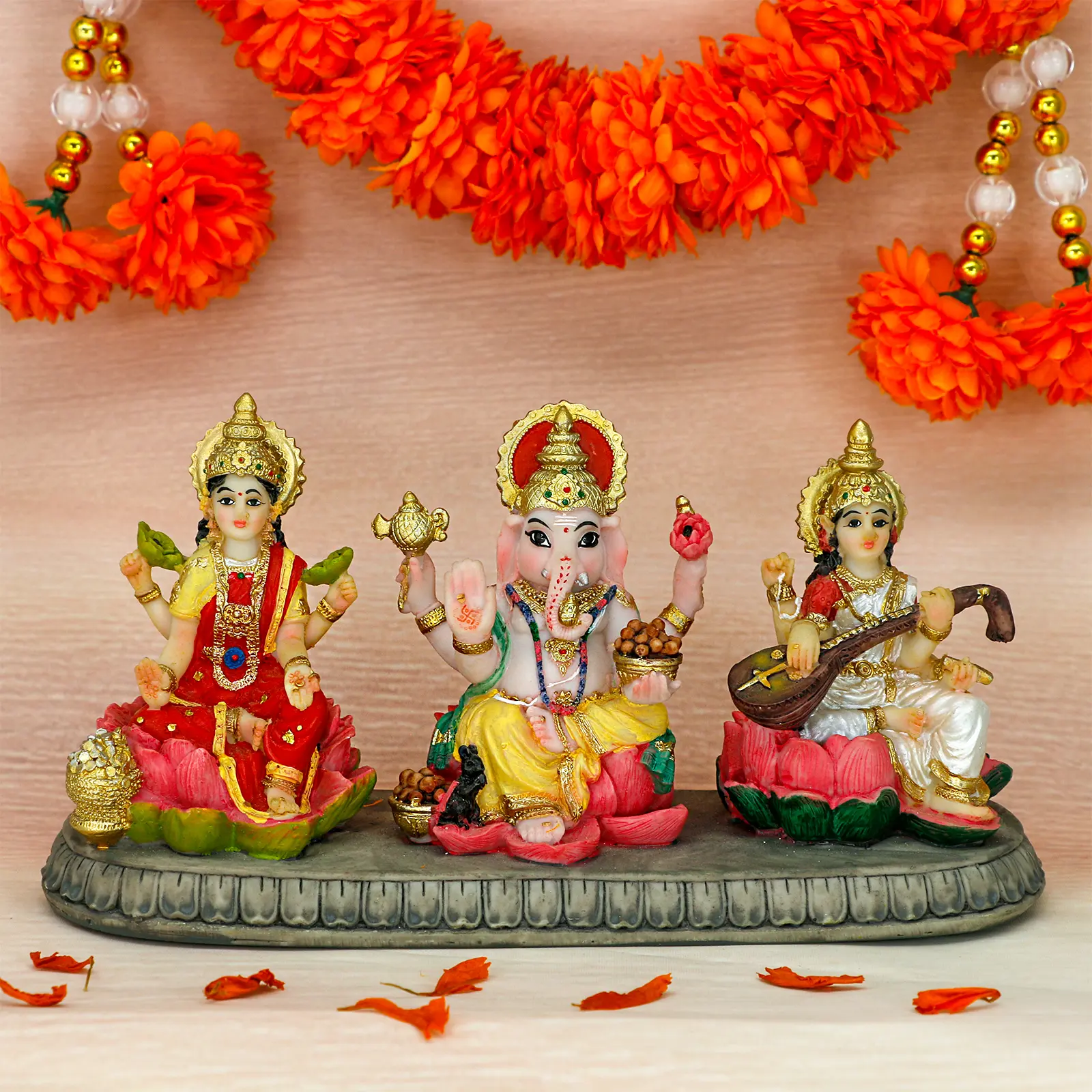alikiki India Laxmi Ganesh Saraswati Statue - 3.9”H Indian God Lakshmi Ganesha Saraswati Idol Figurine Hindu Diwali Gifts Diwali Decoration Home Office Mandir Temple Pooja Item