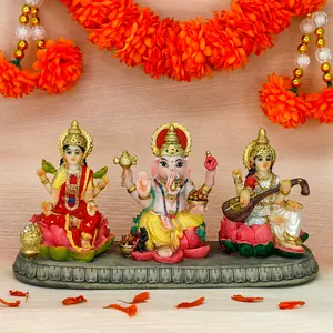 India Laxmi Ganesh Saraswati Statue - 3.9”H Indian God Lakshmi Ganesha Saraswati Idol Figurine Hindu Diwali Gifts Diwali Decoration Home Decor Office Mandir Temple Pooja Item