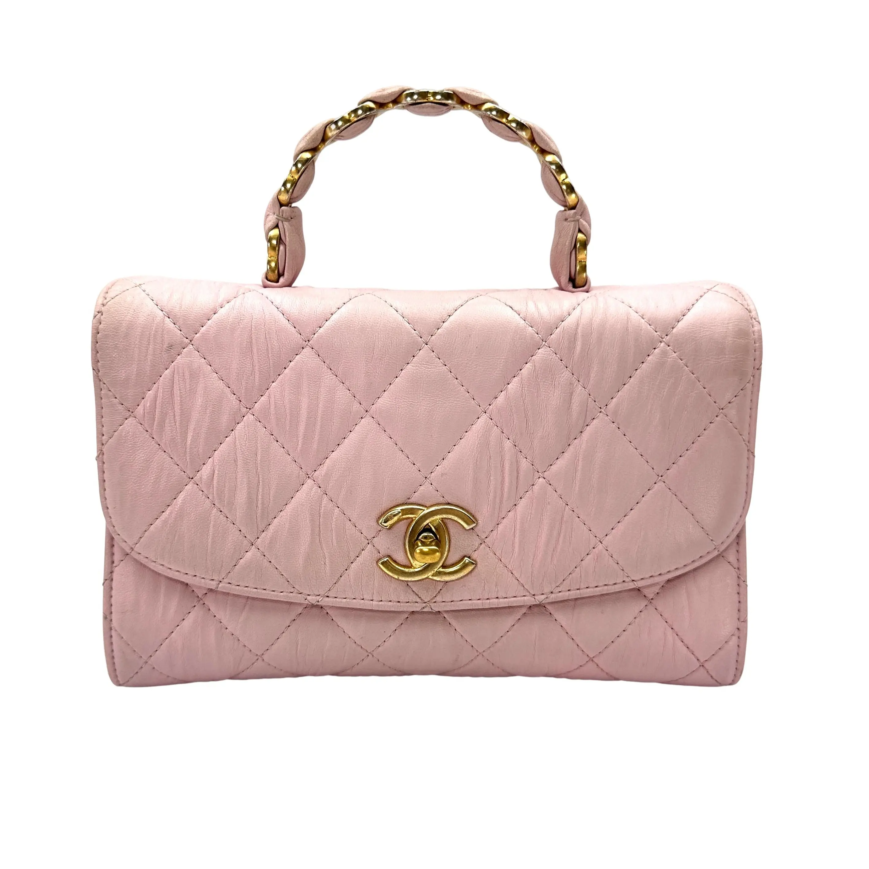 Pre-owned CHANEL Crumpled Lambskin Shoulder Bags CC Links Top Handle Flap Bag Pink (31***76) CC2444