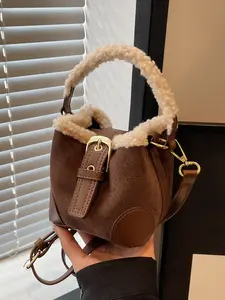 Retro style patchwork mini versatile bucket bag, Handbag Shoulder Purse, solid color multifunctional easy to carry, can store lipstick, mobile phone, cosmetics, suitable for daily shopping, commuting, and attending parties