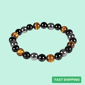 Natural Crystal Protection Bracelet – Black Obsidian, Tiger Eye & Hematite | Unisex Energy Healing Bracelet Stack for Luck, Grounding & Stress Relief | Top Gift for Spiritual Men & Women