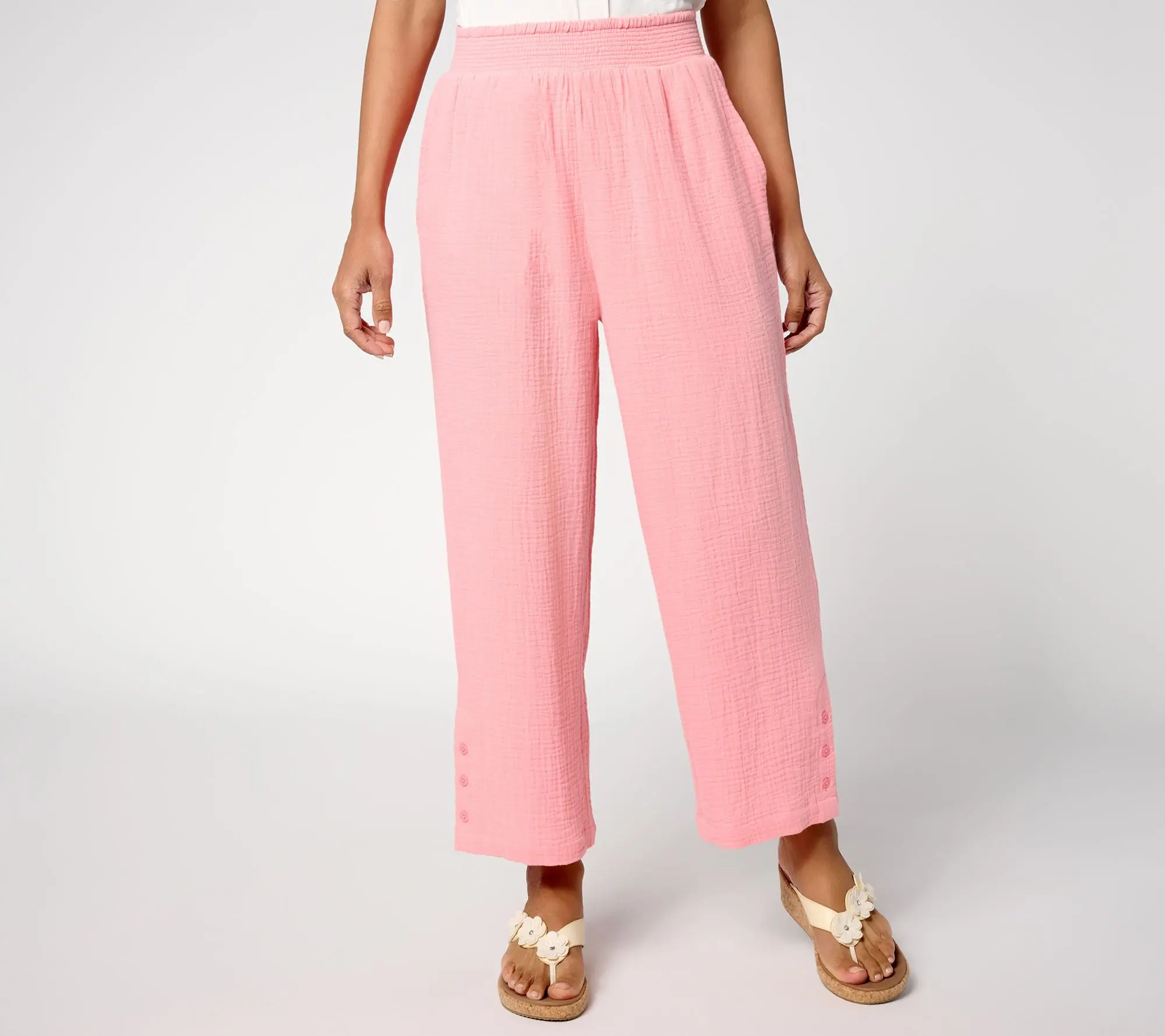 Susan Graver PURE Regular Getaway Gauze Wide Leg Crop Pants w/Buttons