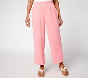Susan Graver PURE Petite Getaway Gauze Wide Leg Crop Pants w/Buttons