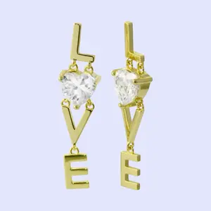 LOVE Spark Drop Earrings with Heart-Shaped Stone Gold-Tone Letters for Women's Fashion