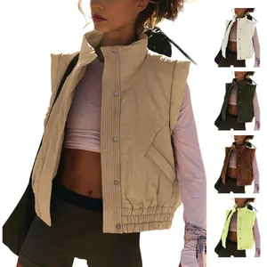Ommig Women Quilted Puffer Vest Button Down Scrunch Sleeveless Winter Basic Stand Collar Padded Gilet with Pockets Womenswear Comfortable Soft Tops coat outwear