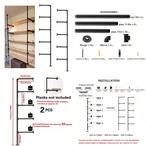 Industrial Wall Mount Iron Pipe Shelf Shelves Shelving Bracket Black Vintage Retro Ceiling Hung Shelf DIY Open Bookshelf Storage for offcie Room Kitchen 2PcsX5Tier68" Tall 10" deep Hardware Only