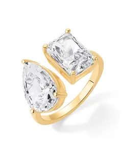 PAVOI 14K Gold Plated Toi et Moi Engagement Ring for Women - Pear & Emerald Cut Promise Rings - Statement Wedding Ring